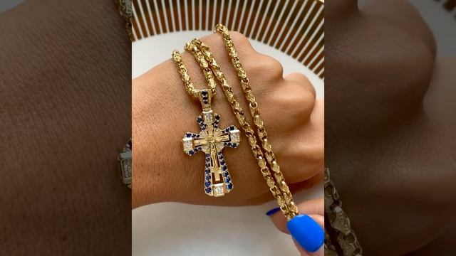 Православный крест из желтого золота с сапфирами на цепочке эксклюзивного плетения Краб малый смотреть онлайн