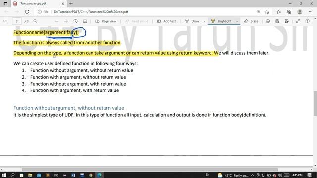 user defined functions in cpp | Function without argument without return value