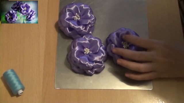 Kanzashi Master Class Hand Made DIY Tutorial Канзаши МК ободок и браслет с объемными цветами