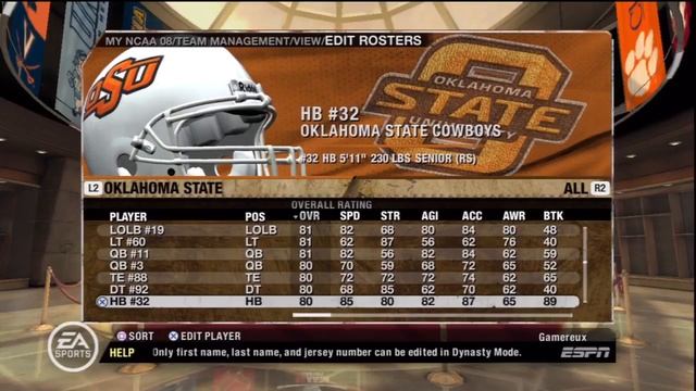 NCAA Football 08 Oklahoma State Cowboys Overall Player Ratings