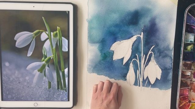 Мастер класс по акварели "Подснежники." Урок для начинающих. смотреть онлайн
