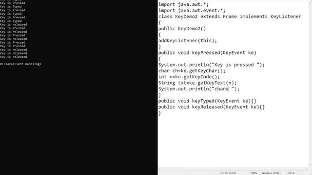 Java Program to display entered key's Character, its ASCII code, and text using Key Event | BCS SEM