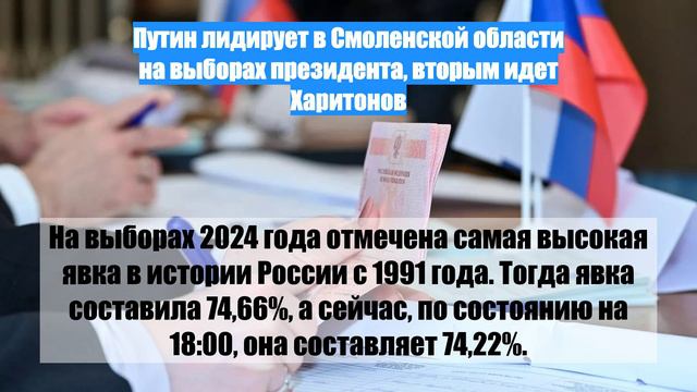 Путин лидирует в Смоленской области на выборах президента, вторым идет Харитонов