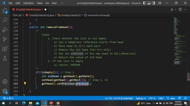[Java Example] Lecture 23a - Removing the  value of head from DoublyLinkedList