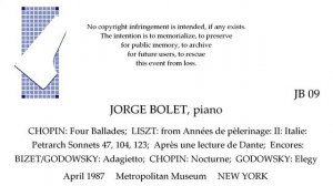 JORGE BOLET Recital   April 1987  Metropolitan Museum   NEW YORK