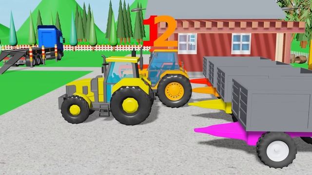 Multicolored Tractors with harvesters for Harvesting Colorful Fruits - Learn the Colors With Tracto