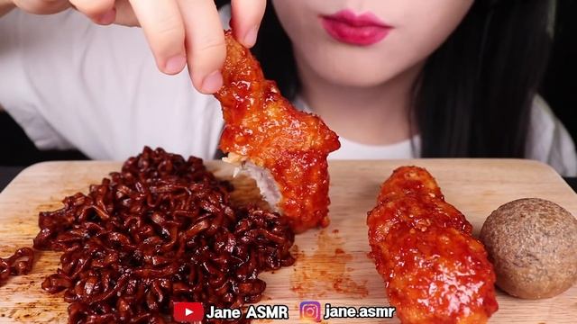 ASMR BLACK BEAN NOODLES FRIED CHICKEN MOZZARELLA CHEESE BALL 짜장 라면 양념치킨 닭다리 치즈볼 먹방 JANE ASMR 제인