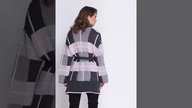 Вязаный кардиган в клетку «Николь» (графит, серый, розовый)