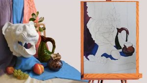 2. Живопись сложного натюрморта гуашью с введением гипсовой модели. Начало работы в цвете.