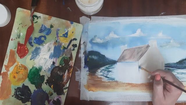 Как нарисовать домик у моря. Как нарисовать морской пейзаж. Рисуем лето гуашью. Пейзаж красками.