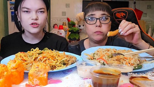 Мукбанг | Роллы Запечённые, Рис с курицей и овощами,Удон со свининой,Креветки темпура  | Обжор Асмр