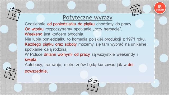 Польский язык. Учим слова : Дни недели - Dni tygodnia
