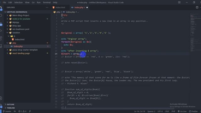 PHP - Exercises, Practice, Solution [ 21 ] inserts a new item in an array