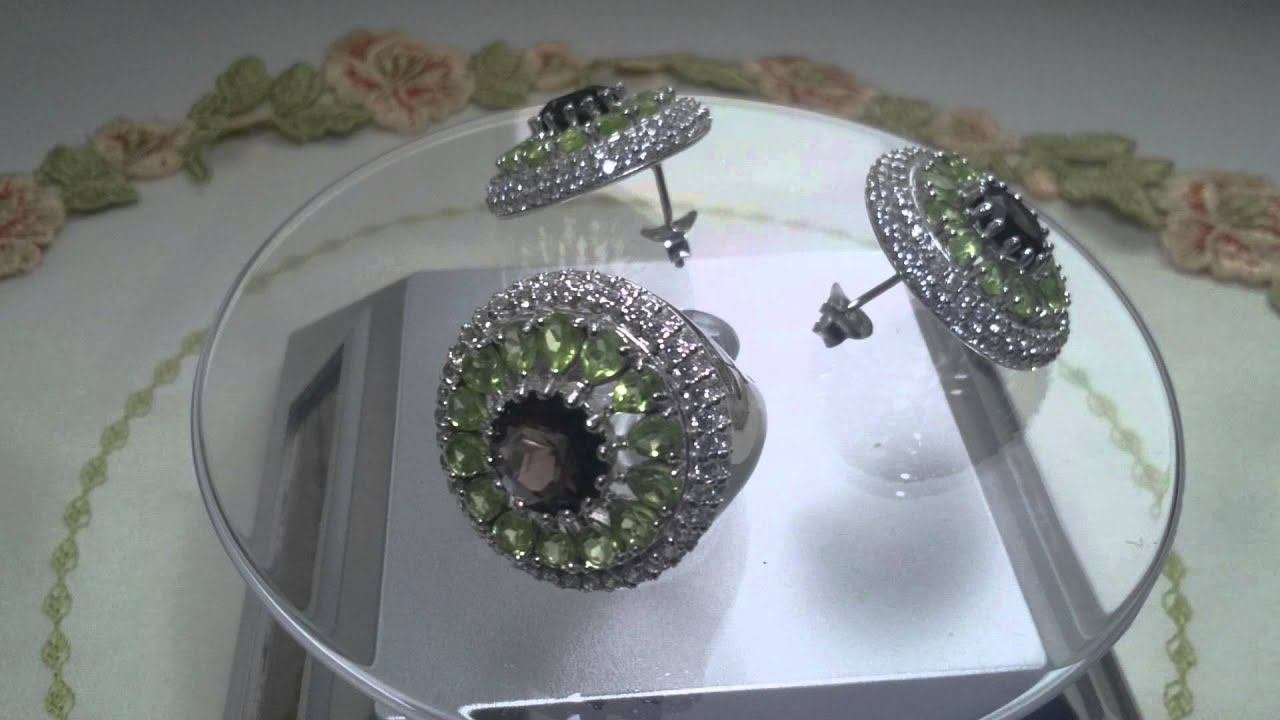 Дымчатый кварц и перидот и CZ 14К белая позолота серьги  кольцо КРУПНЫЕ