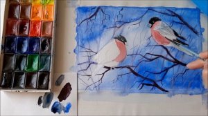 КАК НАРИСОВАТЬ СНЕГИРЕЙ НА ВЕТОЧКЕ РЯБИНЫ АКВАРЕЛЬЮ. РИСУЕМ СНЕГИРЕЙ АКВАРЕЛЬЮ. ПОЭТАПНОЕ РИСОВАНИЕ