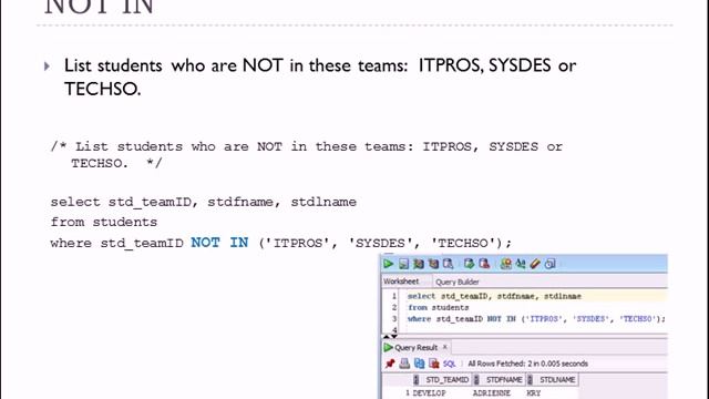 09 of 15 SQL Basics with Oracle - Using IN, NOT IN, NULL and NOT NULL