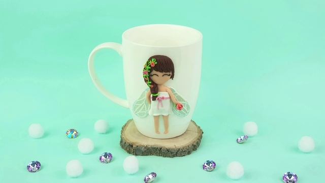 Чашка с девочкой Феей. Подарочная кружка с декором Фея Динь с крыльями из полимерной глины.
