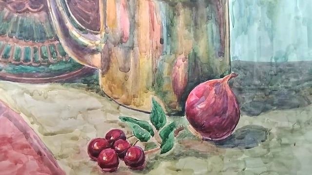 Акварель. Металлический чайник и медное блюдо.