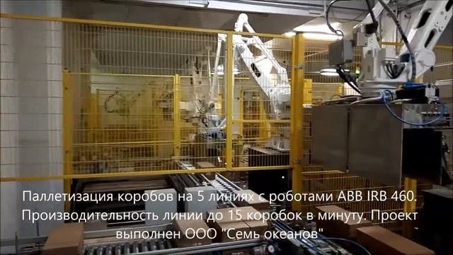 Система паллетизации роботами ABB IRB 460 с конвейерами для перемещения коробок и паллет.