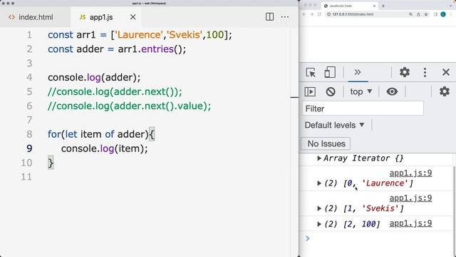 Modern JavaScript coding help learn about iteration of Array Entries Method with example code