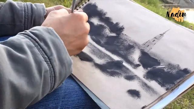 Рисование темперой на природе. Сухая кисть. Пейзаж. Tempera painting in nature. Dry brush. Landscap