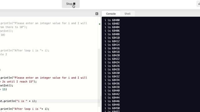 Example walk-through helping a student debug a Java while loop