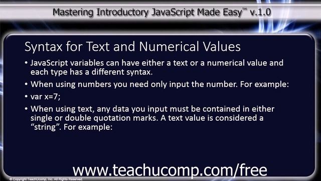 JavaScript Training Tutorial Syntax for Text and Numerical Values