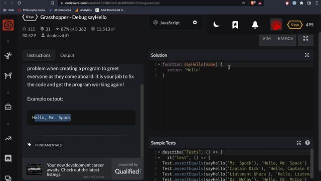 Codewars - Javascript - Debug sayHello