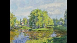 River Painting Landscape Trees Houses Birch Artwork Original Art