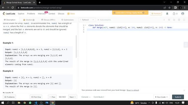 88. Merge Sorted Array | Leetcode | Python