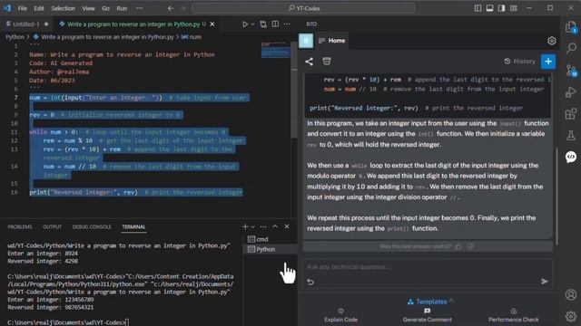 Write a program to reverse an integer in Python