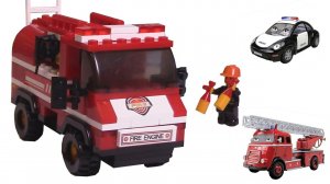 Пожарная машина. Пожарная машина Огнебор  и Полис собирают конструктор Пожарную Машинку