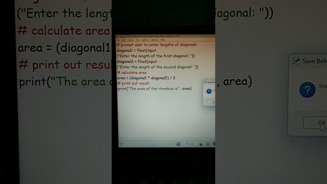 python program to calculate area of rhombus #coding #python #pythonprogram #idle
