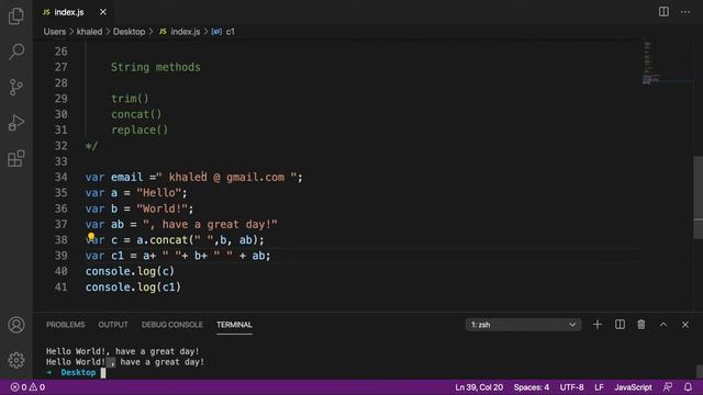 #21 JS String methods [trim, replace, concat] and advantages of using javascript methods [Arabic]