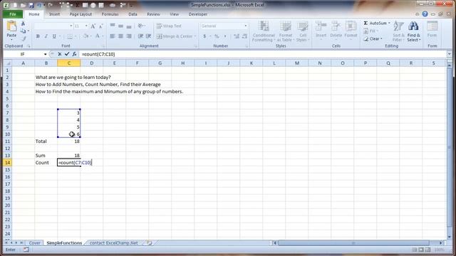 Simple Functions in Excel to Sum, Cout, Average, Min, Max