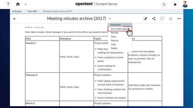 How to set a wiki Main page in Smart View | OpenText Content Server