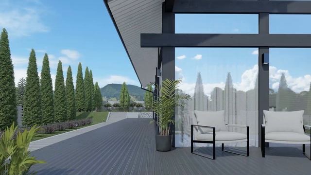 Дом Фахверк визуализация на участке с баней и автомобильным навесом.