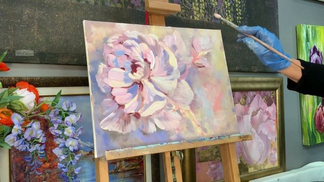 Розовый Пион с золотой поталью. Интерьерная картина. Pink Peony with golden leaf. Interior painting