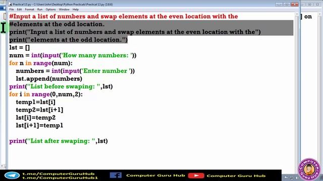 Input a list of numbers and swap elements at the even location with the elements at the odd locatio