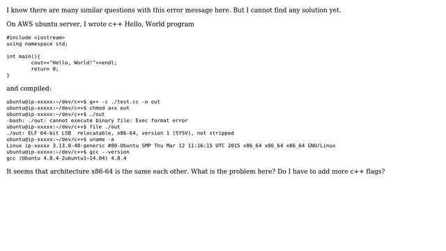 Ubuntu: Exec format error of gcc-compiled Hello World c++ смотреть онлайн