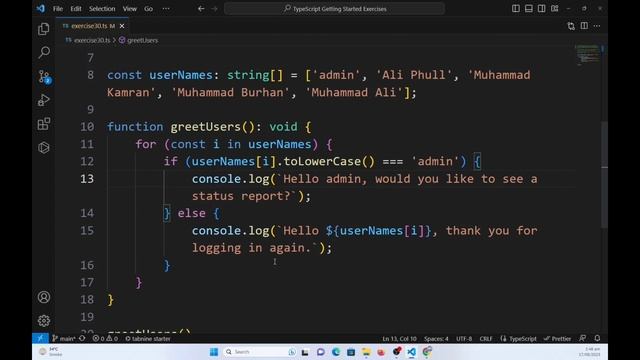 TypeScript basics exercise 30: Hello Admin: Use of if-else statementan and For in loop with Array