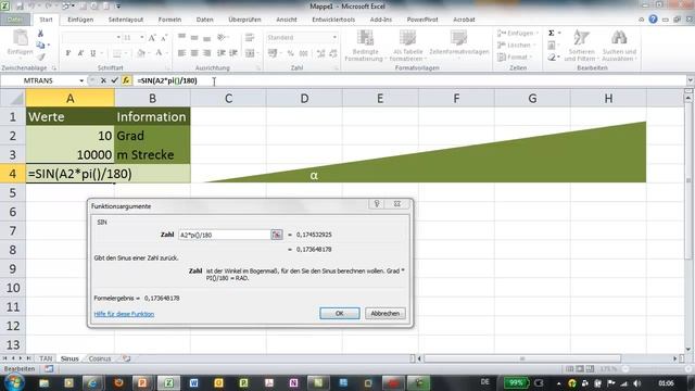 Excel - SIN und BOGENMASS - Höhe im rechtwinkligen Dreieck berechnen смотреть онлайн