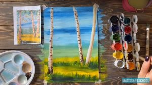 Рисуем гуашью пейзаж с берёзами