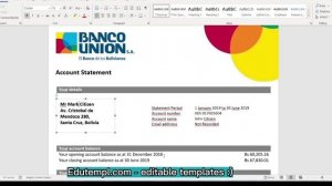 Bolivia Banco Union banking statement template in Word and PDF format