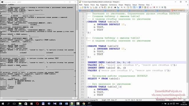 SQL таблицы. Значения по умолчанию или правило столбца DEFAULT в базах данных SQLite