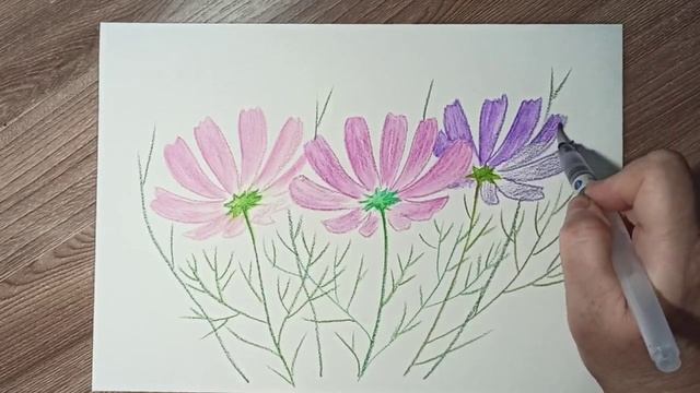 Как просто нарисовать цветы акварельными карандашами. смотреть онлайн