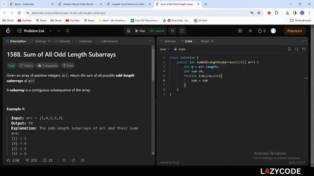 LeetCode in Java | Problem Solving in Arrays : Easy Question | Sum of All Odd Length Subarrays
