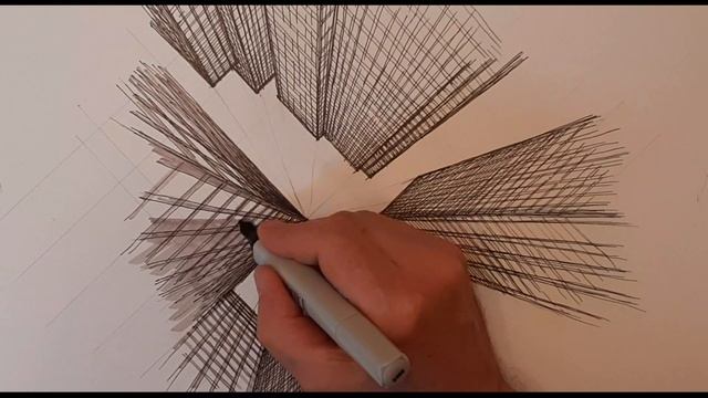 Эскиз построения перспективы  на примере высотных зданий.. Вид снизу вверх