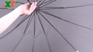 Зонт-трость мужской черный, 16 спиц, пластиковая спица, ручка - крюк, полиэстер, антиветер, Китай