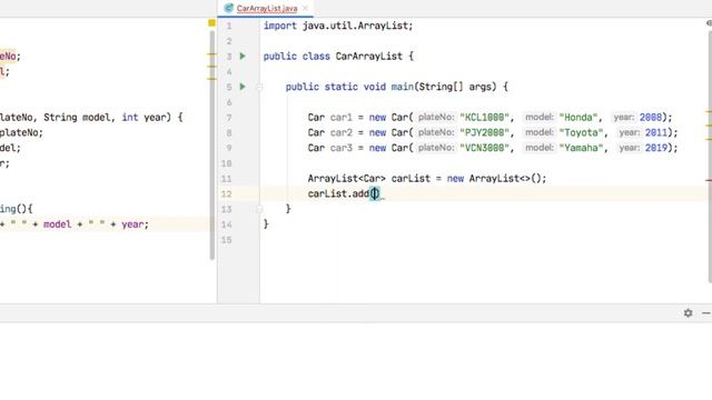 Car example | How to add and remove objects from ArrayList in Java